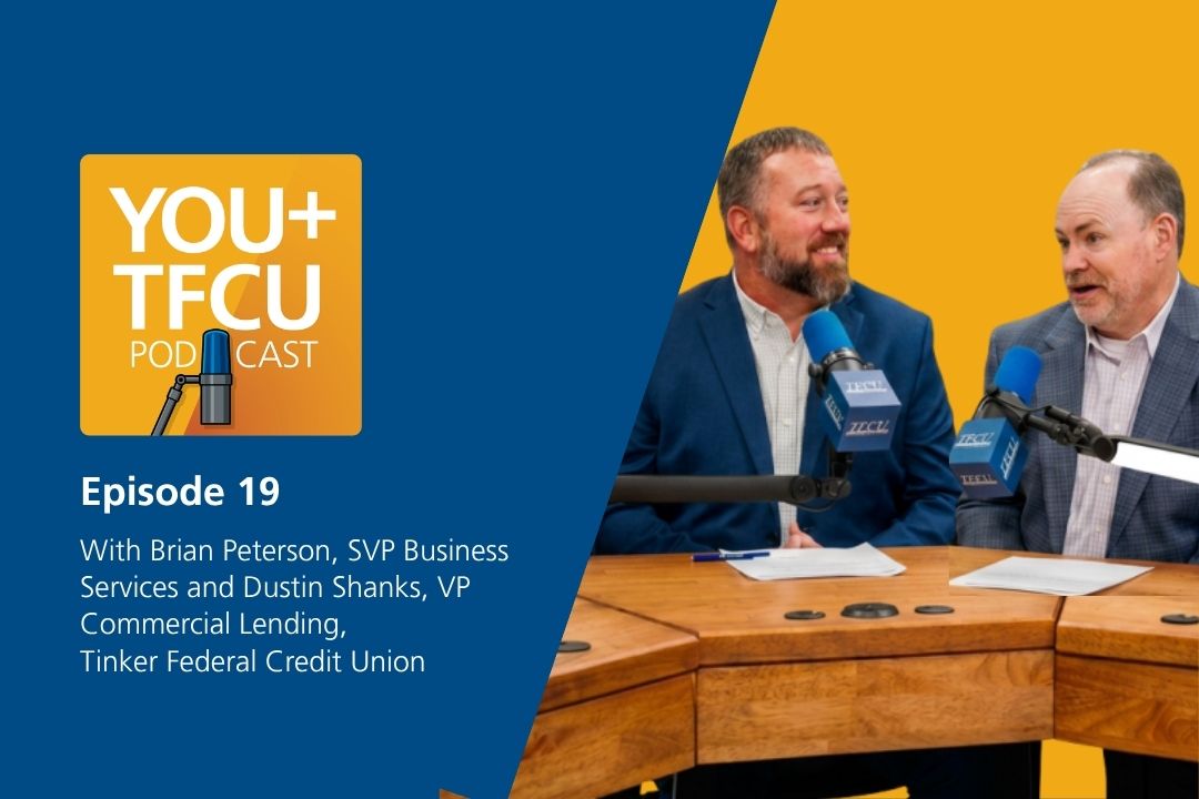 OU+TFCU Podcast Episode 19 graphic featuring Dustin Shanks and Brian Peterson speaking into microphones.