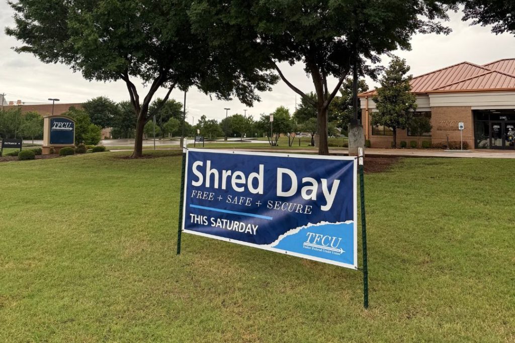 Shred Day sign in front of a TFCU branch