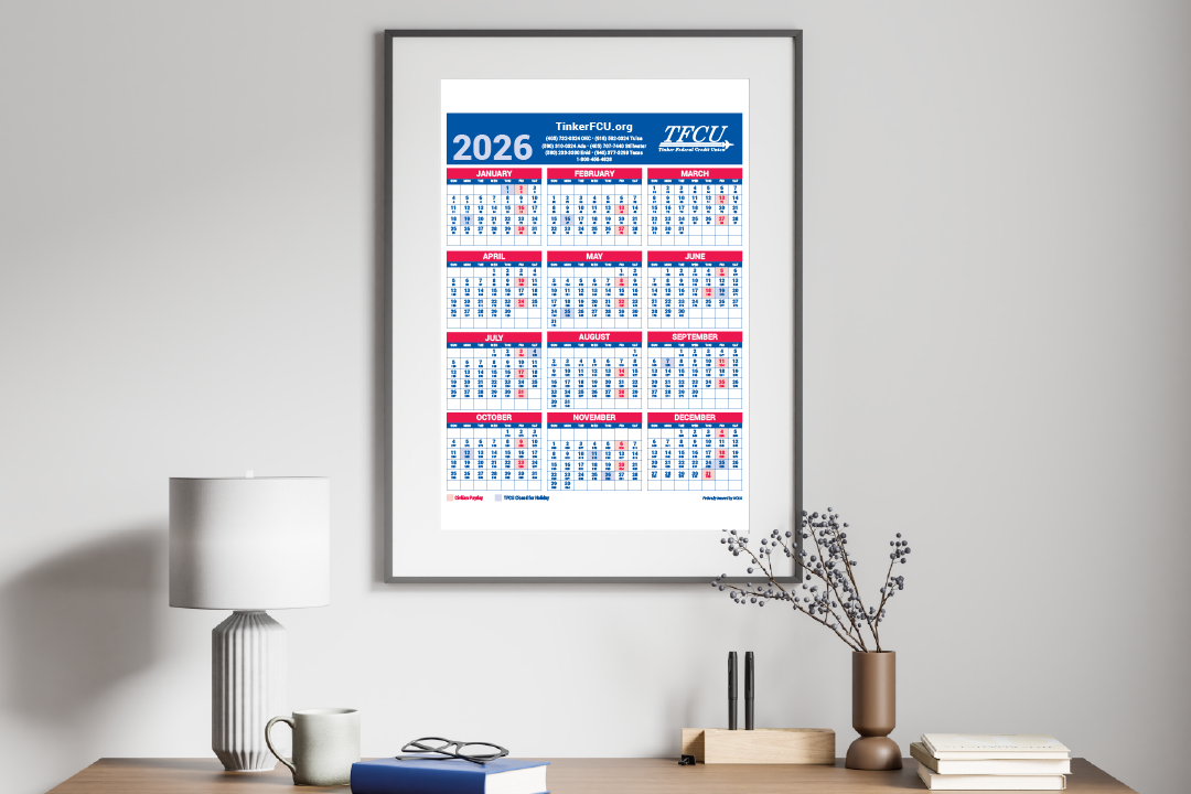 A wall frame with a 2026 TFCU calendar