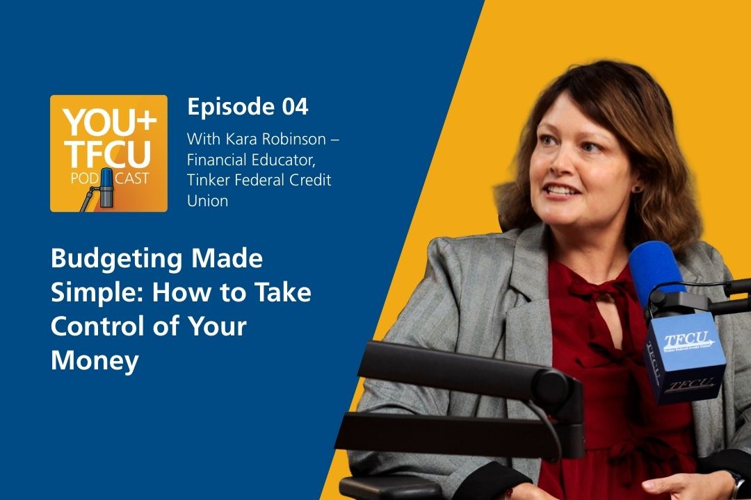 A woman sits with a podcast microphone in front of her. Text reads: Budgeting Made Simple: How to Take Control of Your Money