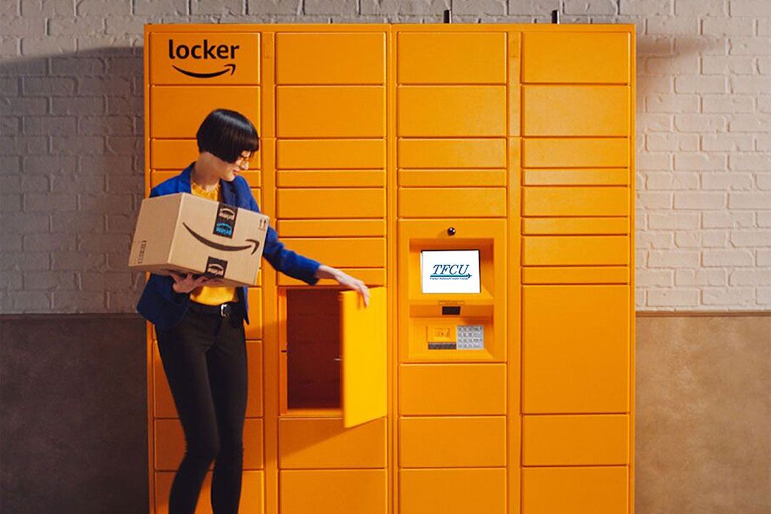 Woman picking up package from an Amazon Locker.