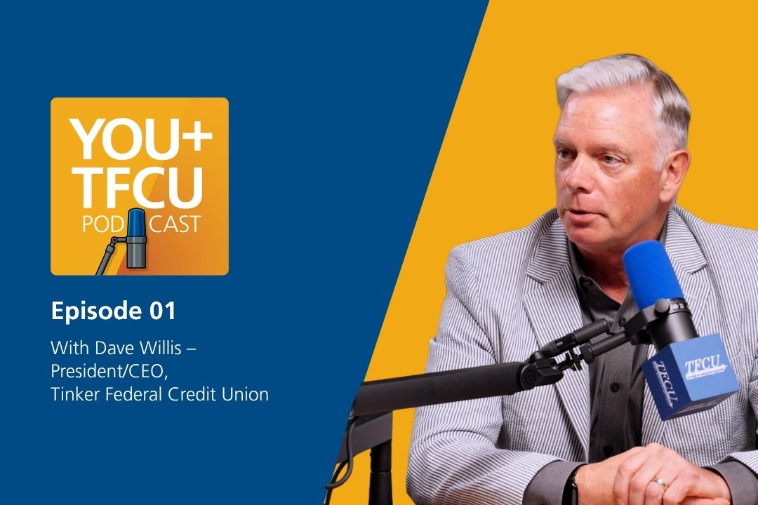 OU+TFCU Podcast Episode 1 featuring Dave Willis, President and CEO of Tinker Federal Credit Union, speaking into a microphone in a studio setting.