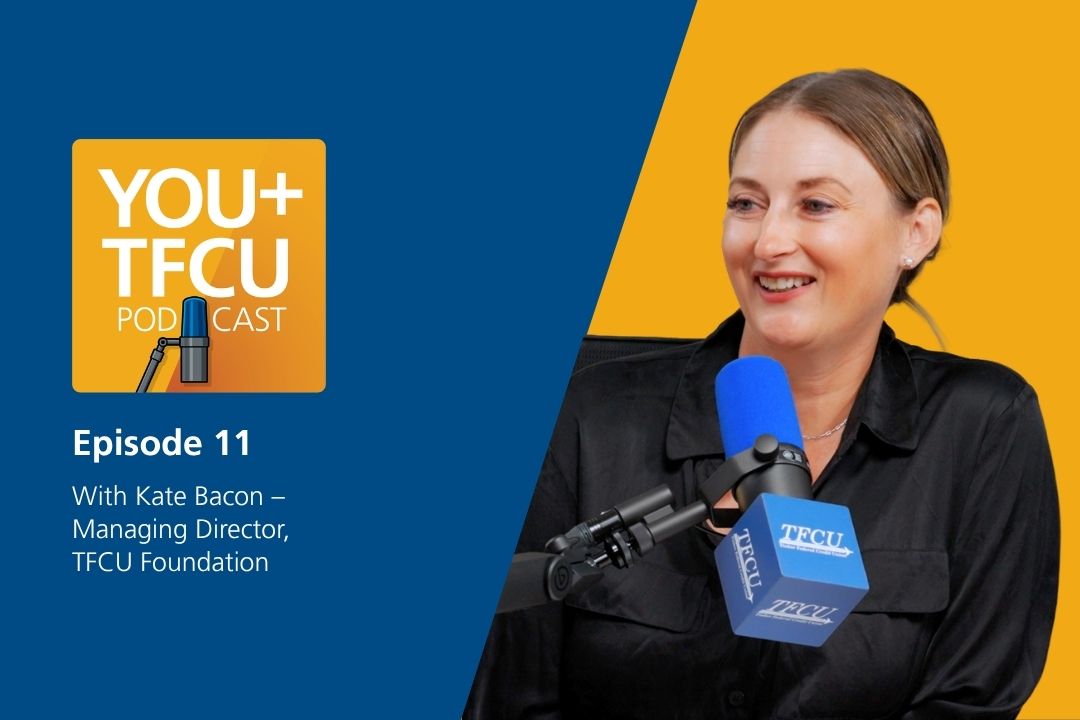 Alt text: YOU+TFCU Podcast Episode 11 featuring Kate Bacon, Managing Director of the TFCU Foundation, speaking into a microphone in a studio setting.