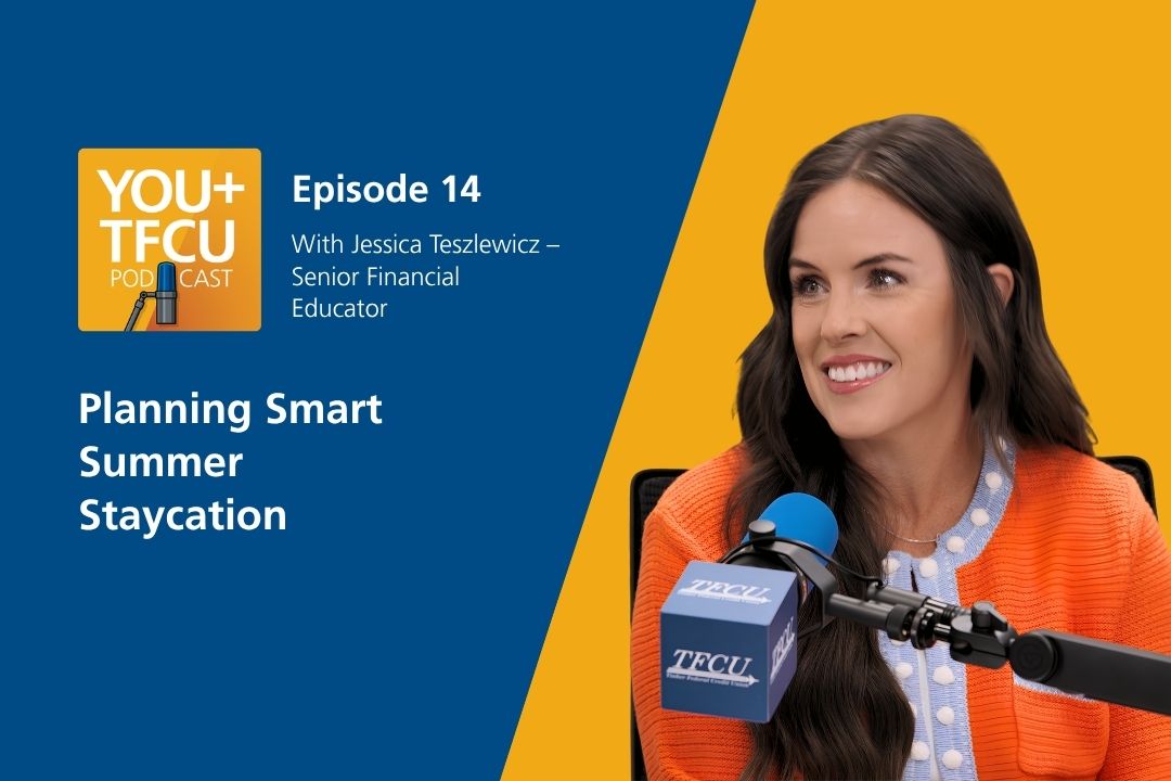 A woman sits behind a podcast mic. Text reads: Planning Smart Summer Staycation