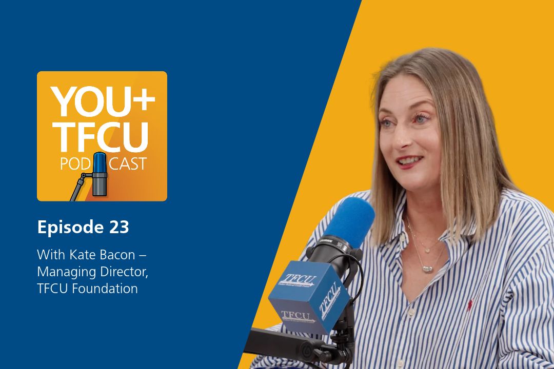 YOU+TFCU Podcast Episode 23 graphic featuring Kate Bacon speaking into a microphone.