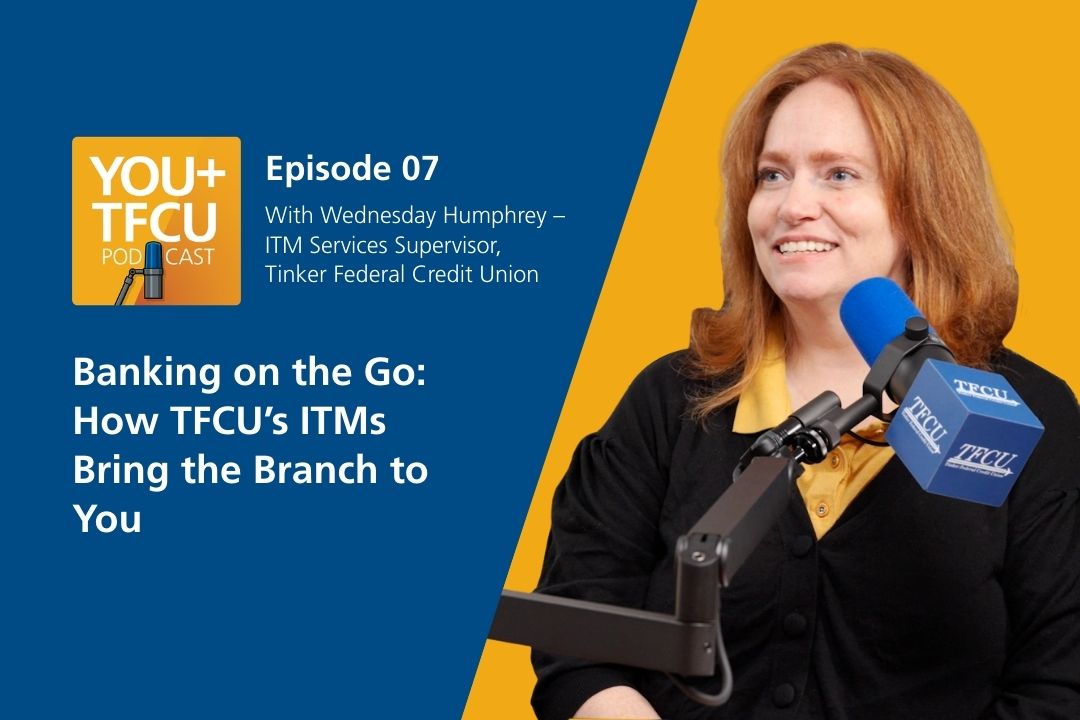 A woman sits in front of a podcast microphone. Text reads: Banking on the Go: How TFCU's ITMs Bring the Branch to You