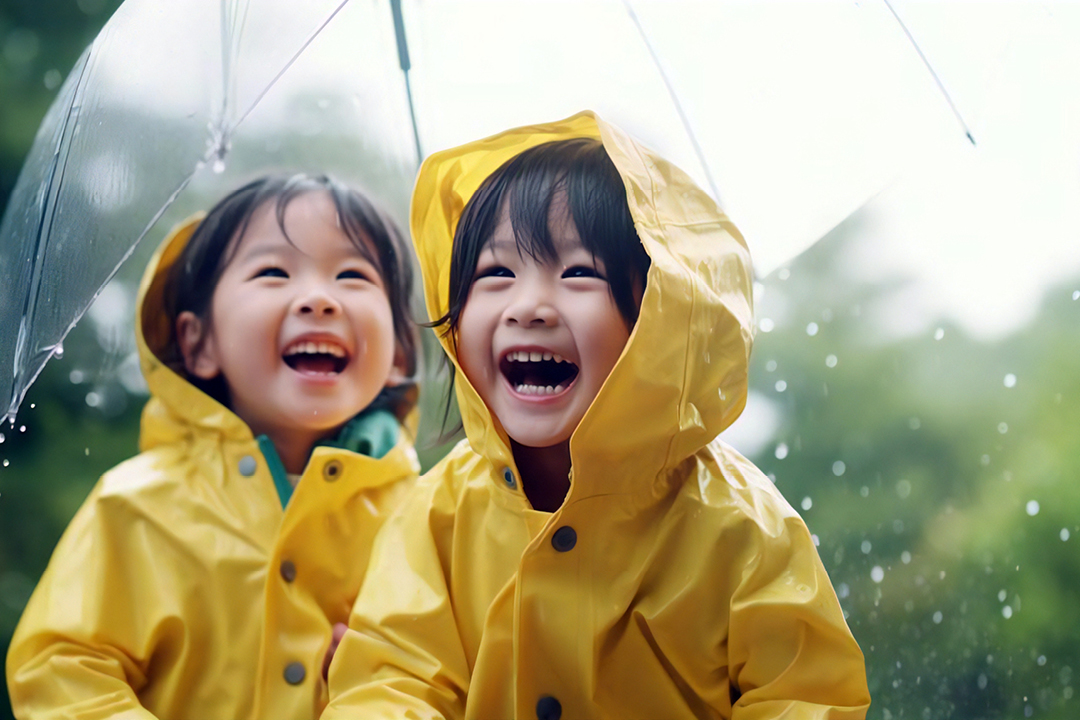 Two little kids wearing yellow rain coats and smiling in the rain