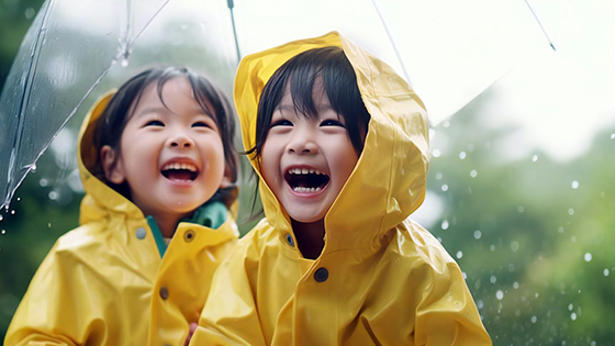 Two little kids wearing yellow rain coats and smiling in the rain