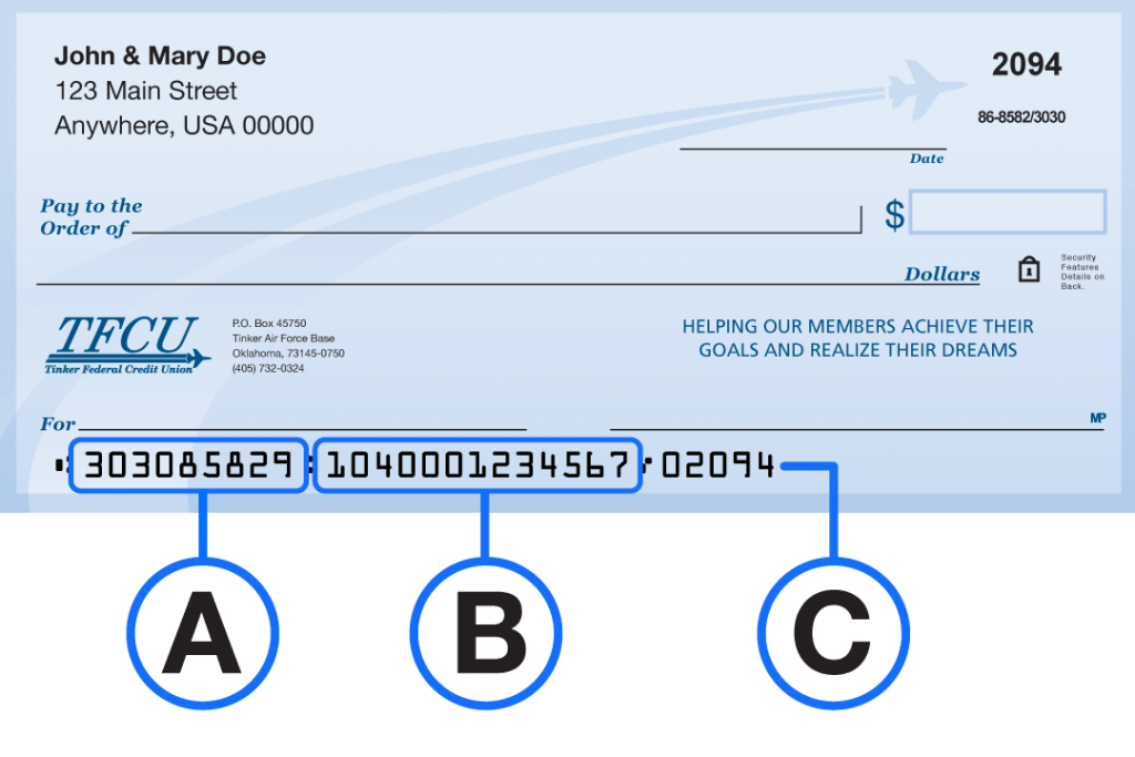 Diagram of TFCU check with lower area indicated for A B and C