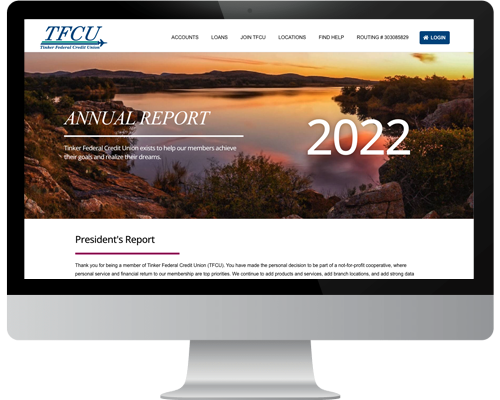 TFCU Annual Report webpage displayed on an iMac computer.