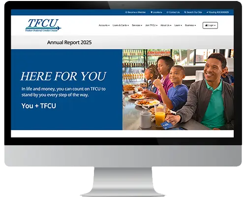 An iMac screen displays the web page for the TFCU Annual Report information of 2024.